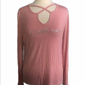 Bebe t shirt Large pink logo rhinestone